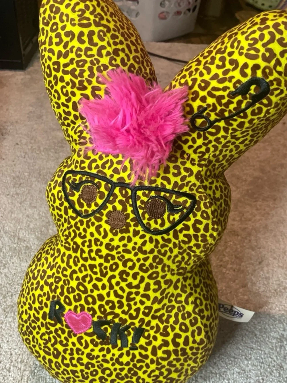 Yellow Leopard Print Plush Bunny with Pink Mohawk — Brand: Peeps